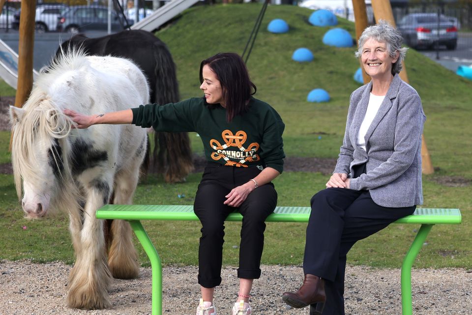 Catherine Connolly canvasses yesterday at Labre Park in Kylemore, Dublin, Ireland’s oldest halting site. Photo: Collins